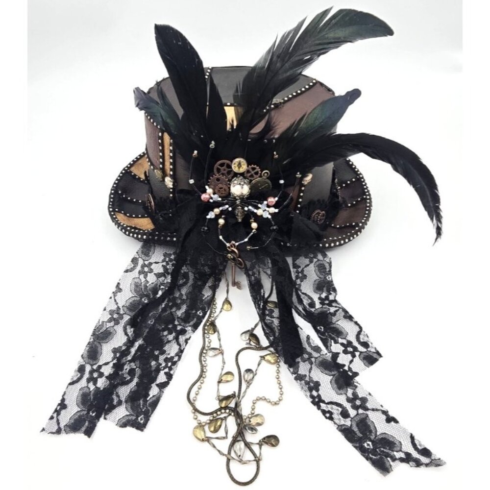 OOAK Steampunk Top Hat Cosplay Leather Skulls Gears Spiders Feathers Sz M 22.25"